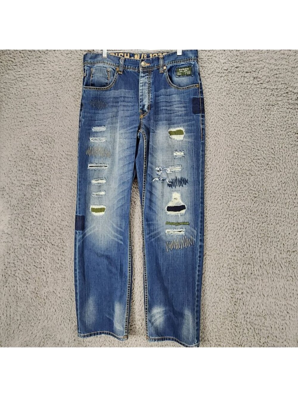 Parish Jeans Mens 34x32 Blue Baggy Y2K Cotton Denim Button Fly Straight *Read*
